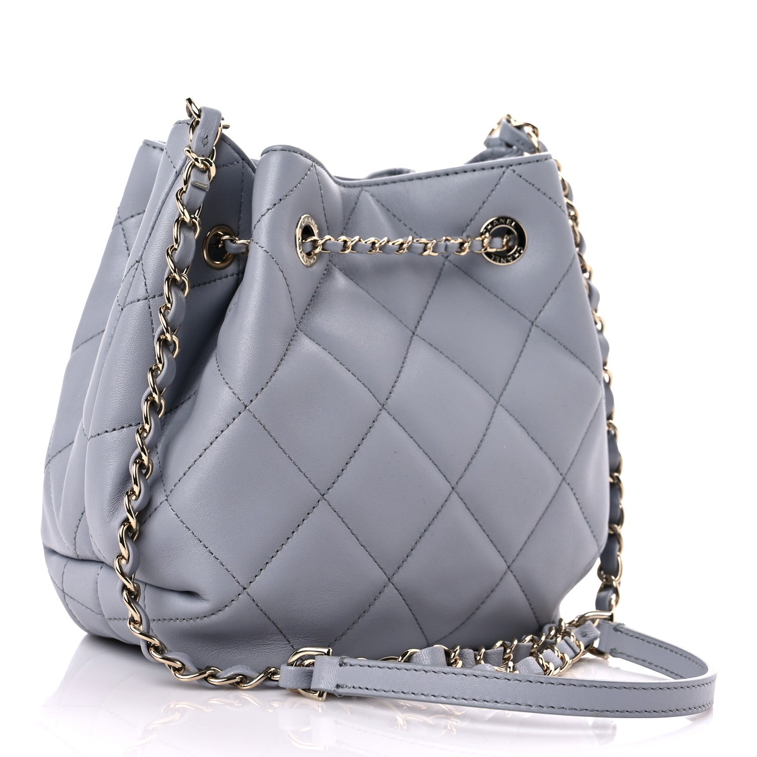 Chanel Lambskin Quilted CC Dweller Drawstring Bucket Bag Light Grey 3 of 9