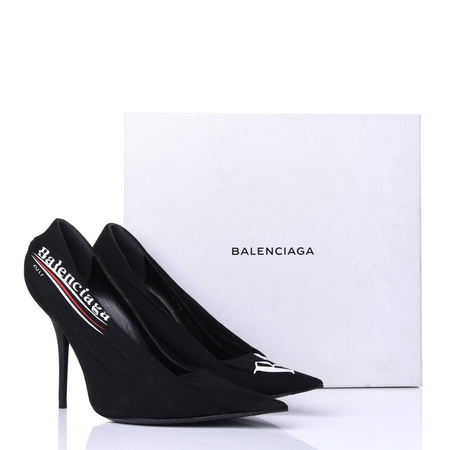 Jersey Crepe Political Campaign Logo Knife 115 Pointed Pumps 38 Black White Rouge