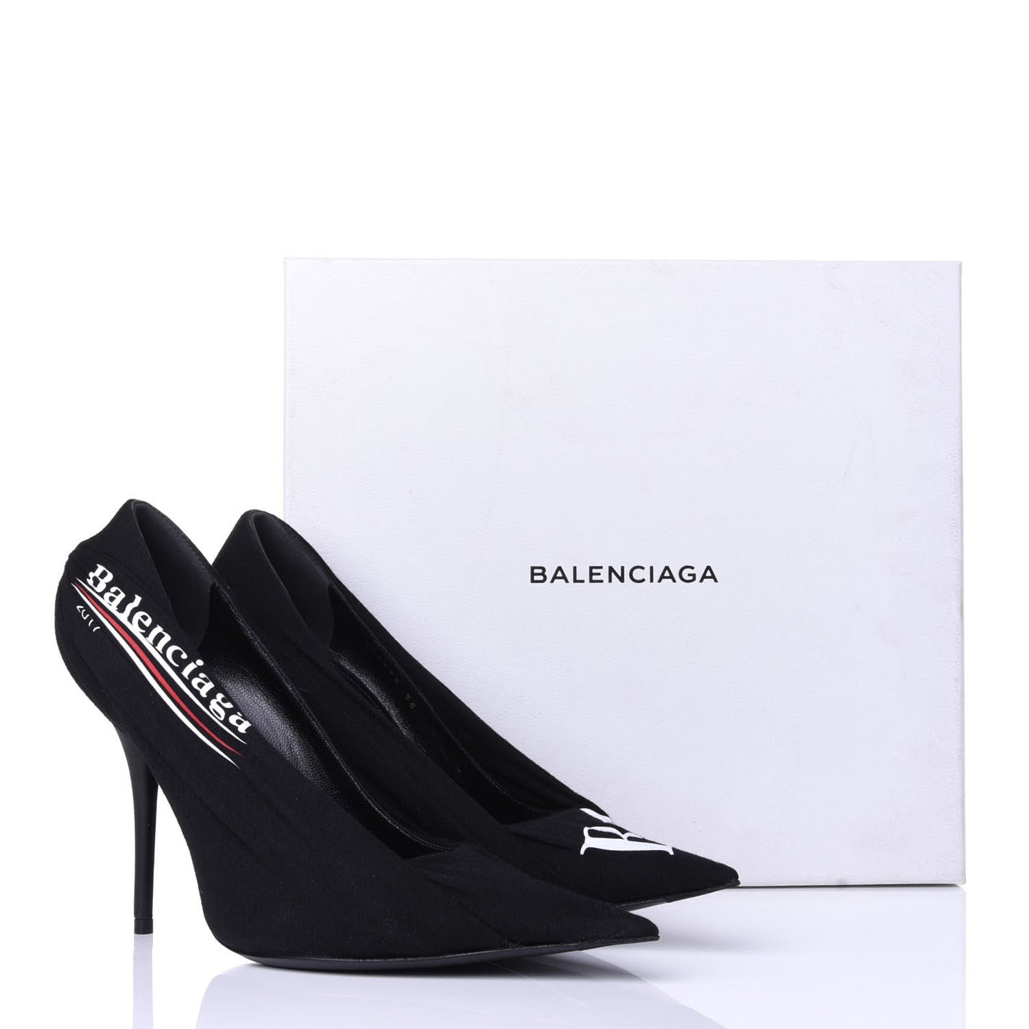 Balenciaga Jersey Crepe Political Campaign Logo Knife 115 Pointed Pumps 38 Black White Rouge 11 of 11
