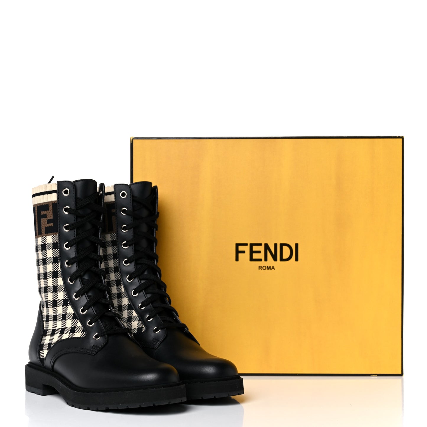 Vitello Stretch Fabric Vichy FF Rockoko Sock Combat Boots 38 Black Crema Tobacco