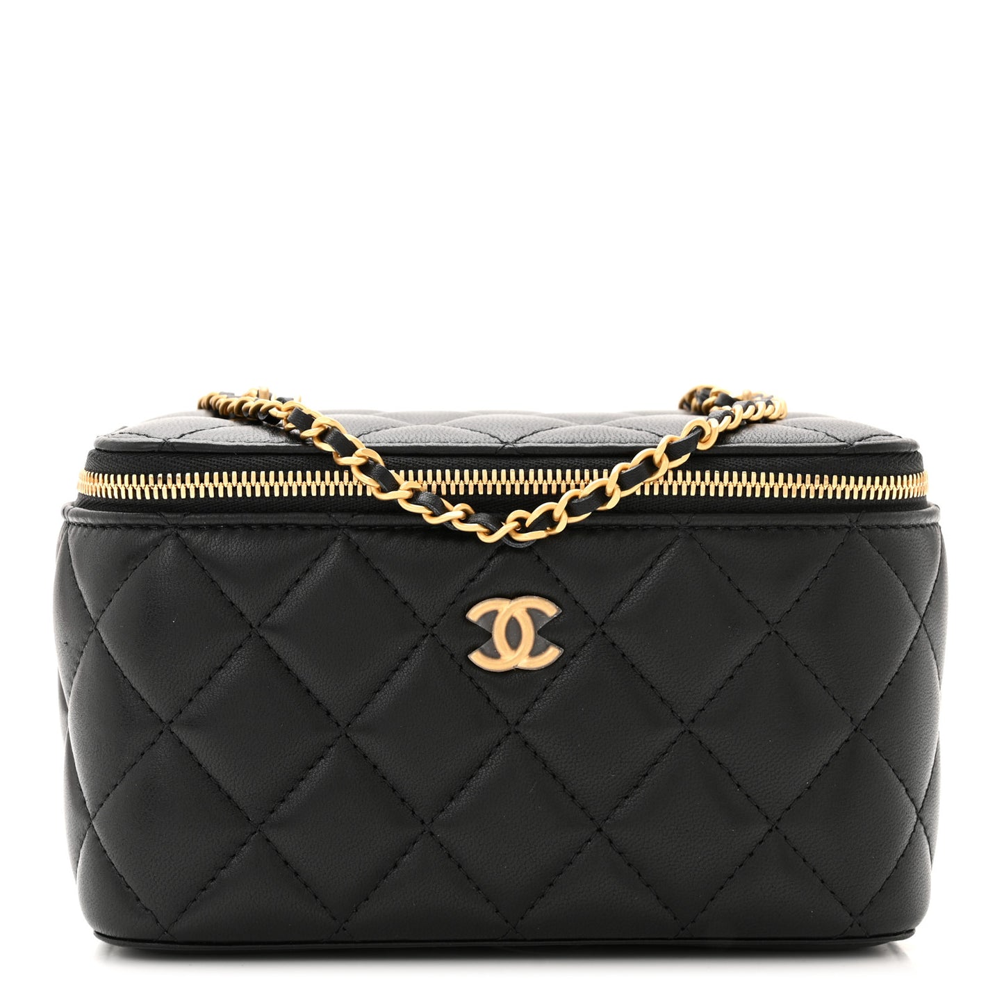 Lambskin Enamel Quilted Small Coco Hearts Vanity Case With Chain Black