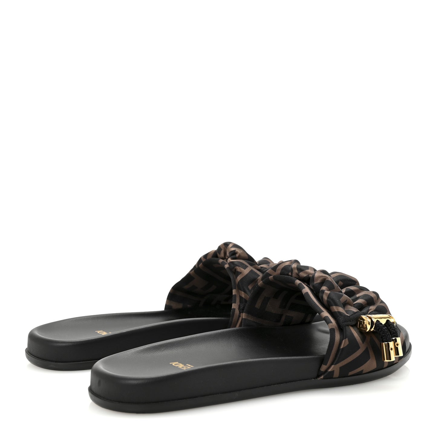 Satin FF Fendi Feel Slide Sandals 38 Tobacco Black