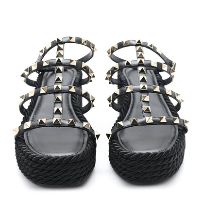 Valentino Garavani Calfskin Bedrock Rockstud Ankle Flat Sandals 36 Black 3 of 9