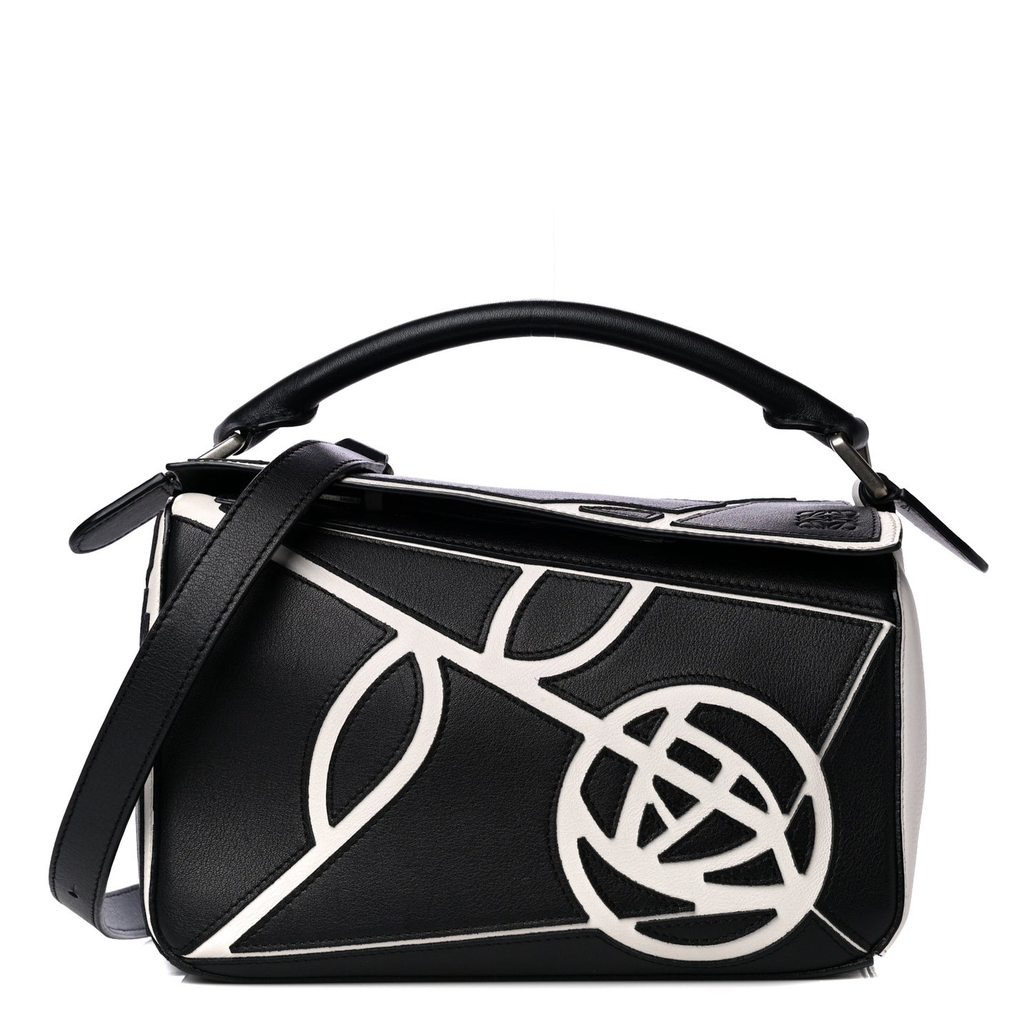 Calfskin Small Roses Puzzle Bag Black White