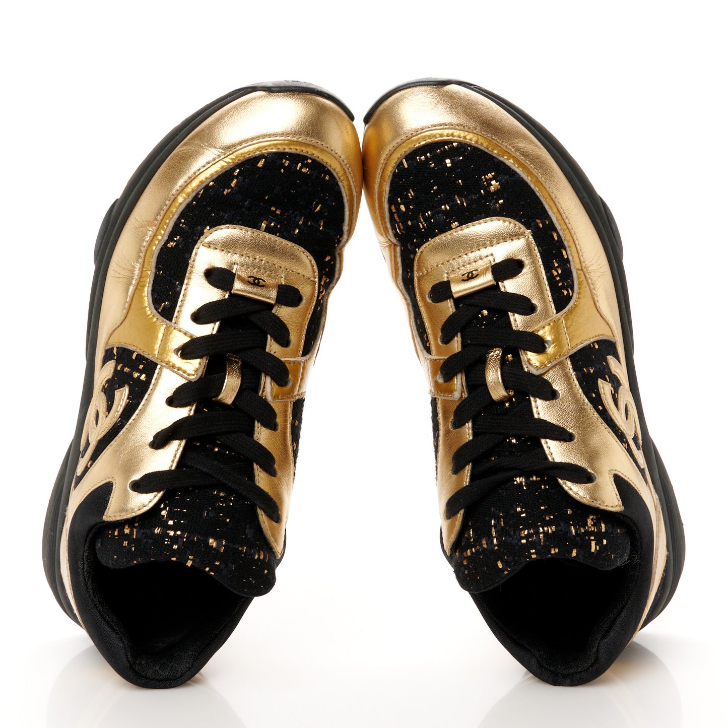 Satin Lambskin Fabric Tweed CC Sneakers 40 Gold Black