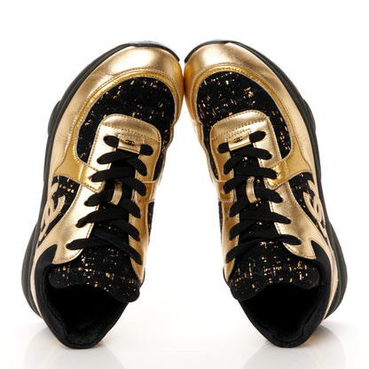 Chanel Satin Lambskin Fabric Tweed CC Sneakers 40 Gold Black 2 of 9