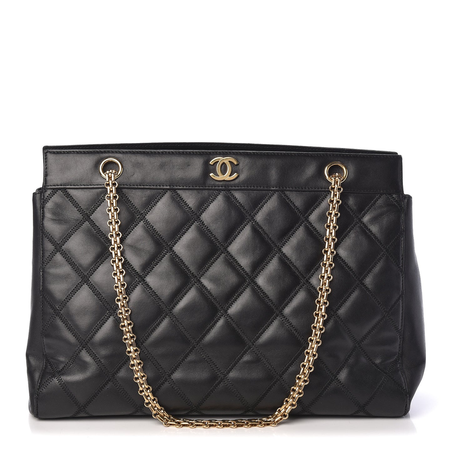 Lambskin Double Stitch Quilted Tote Black
