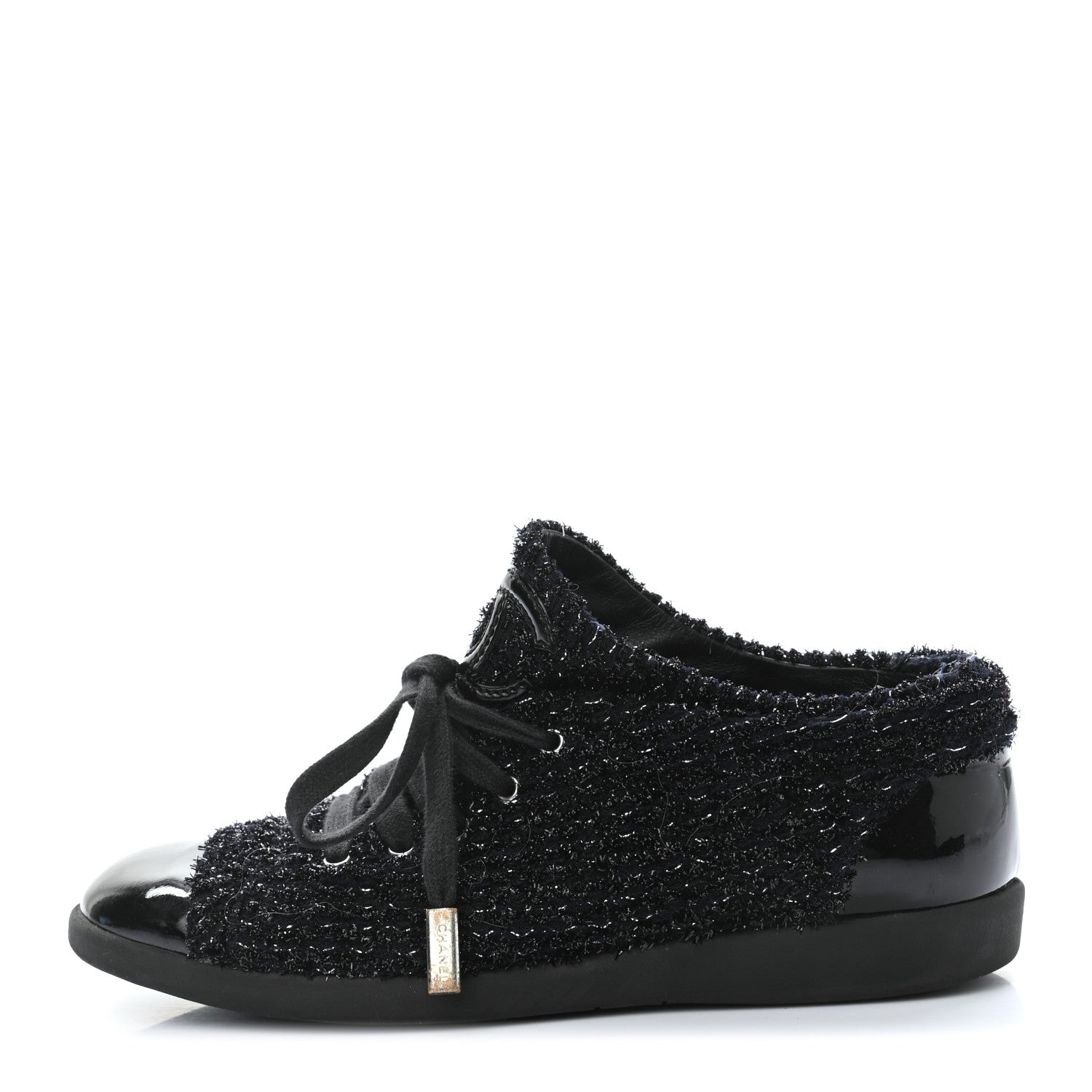 Chanel Tweed Patent Cap Toe CC Sneakers 36 Black 1 of 8