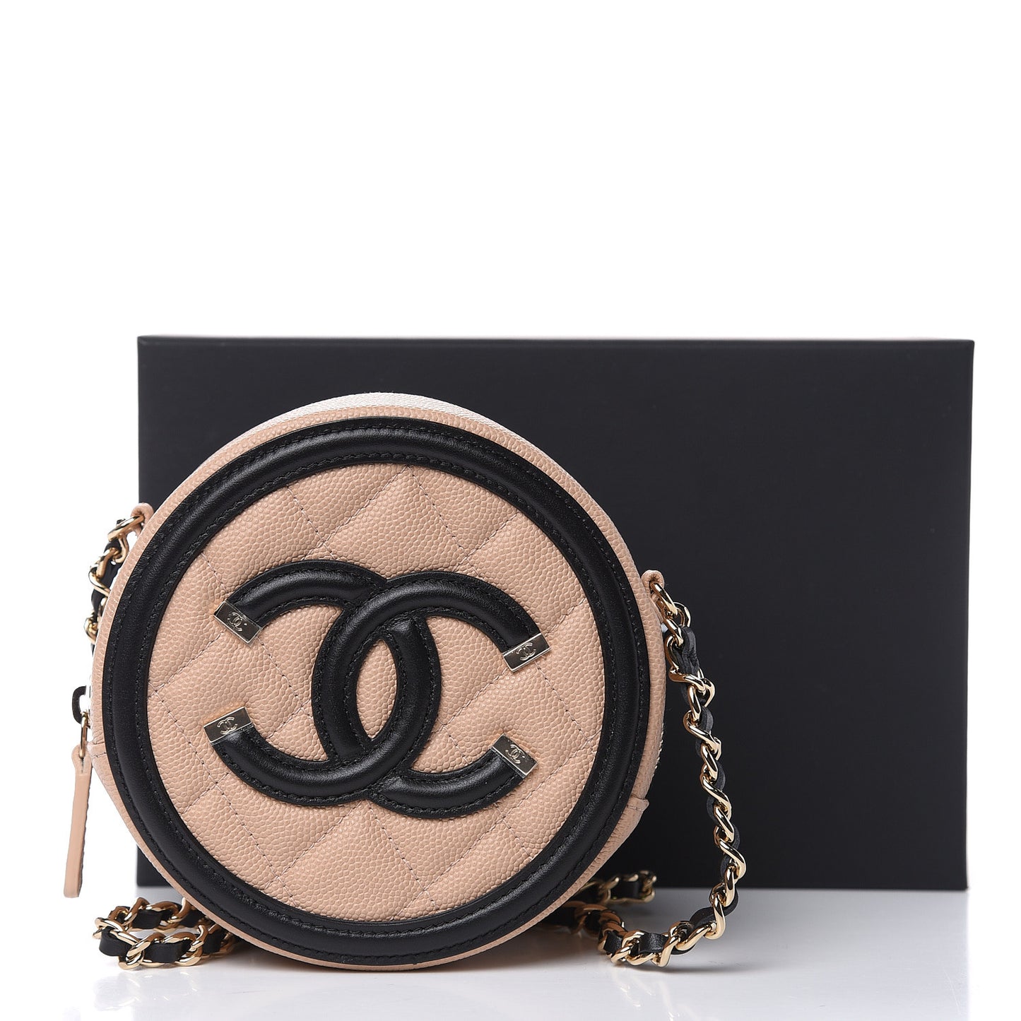 Caviar Quilted Round Filigree Crossbody Beige Black