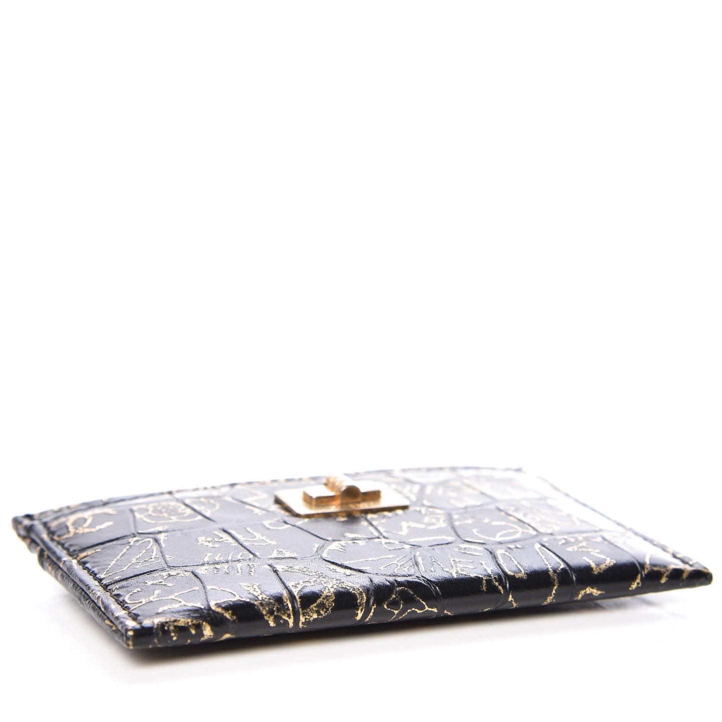 Calfskin Crocodile Embossed Graffiti 2.55 Cocodile Reissue Card Holder Black Gold
