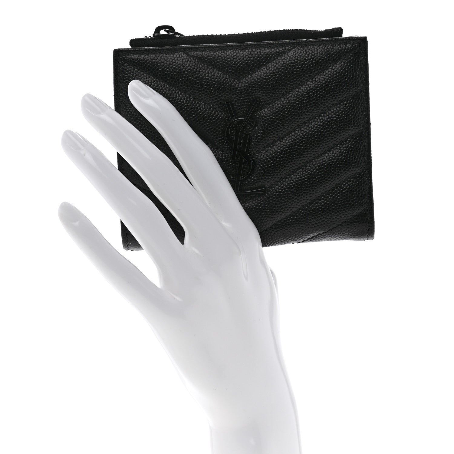 Saint Laurent Grain De Poudre Matelasse Chevron Monogram Zipped Card Case Black 2 of 8