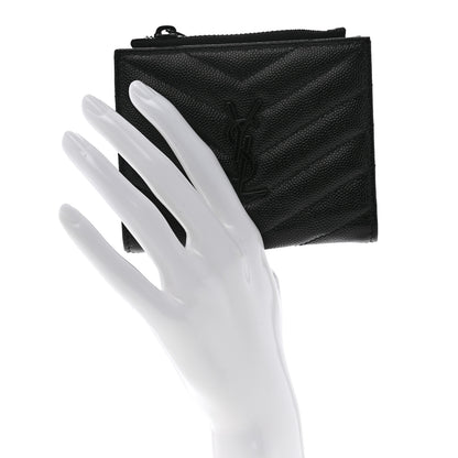 Saint Laurent Grain De Poudre Matelasse Chevron Monogram Zipped Card Case Black 2 of 8