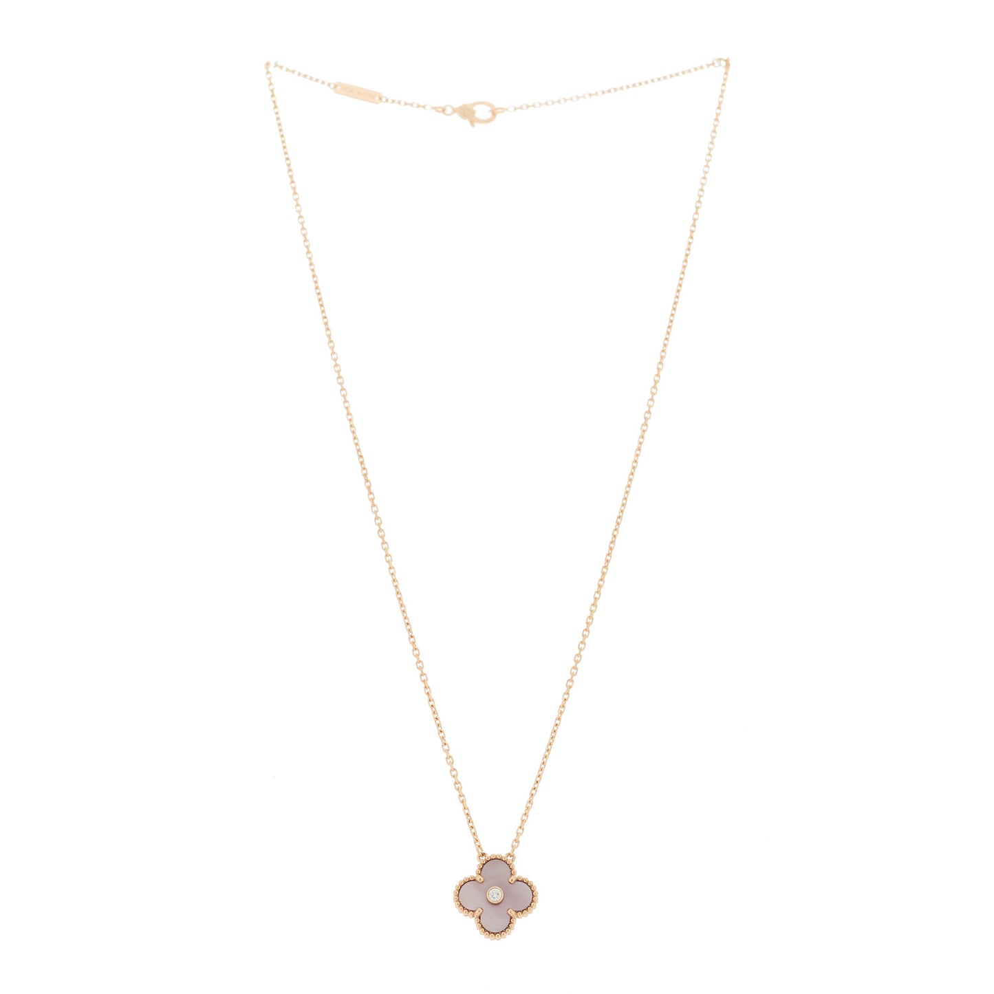 18K Rose Gold Diamond Pink Mother of Pearl Vintage Alhambra Pendant Necklace