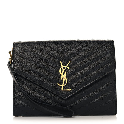 Saint Laurent Grain De Poudre Matelasse Chevron Monogram Envelope Clutch Black 1 of 7