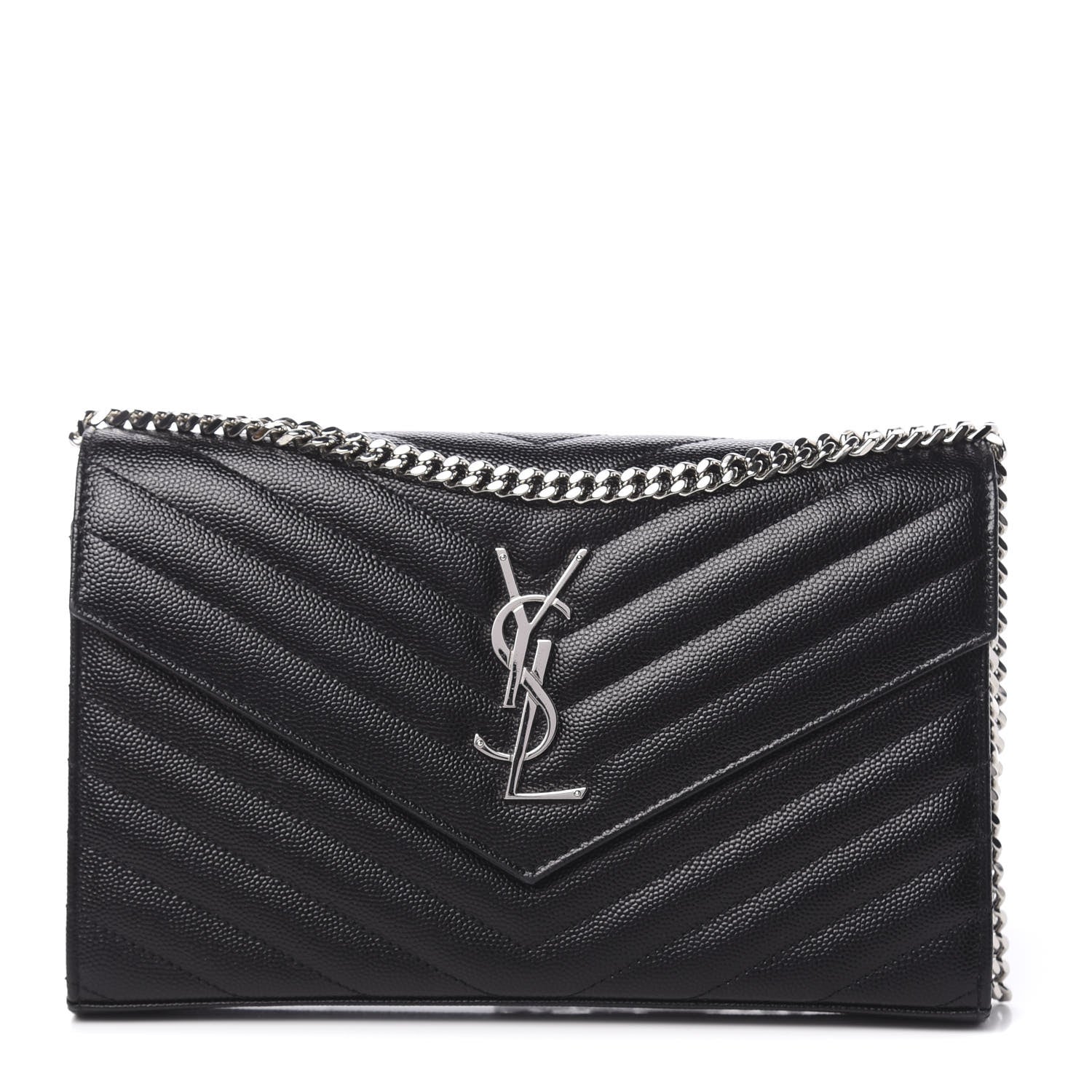 Saint Laurent Grain De Poudre Matelasse Chevron Monogram Chain Wallet Black 1 of 11