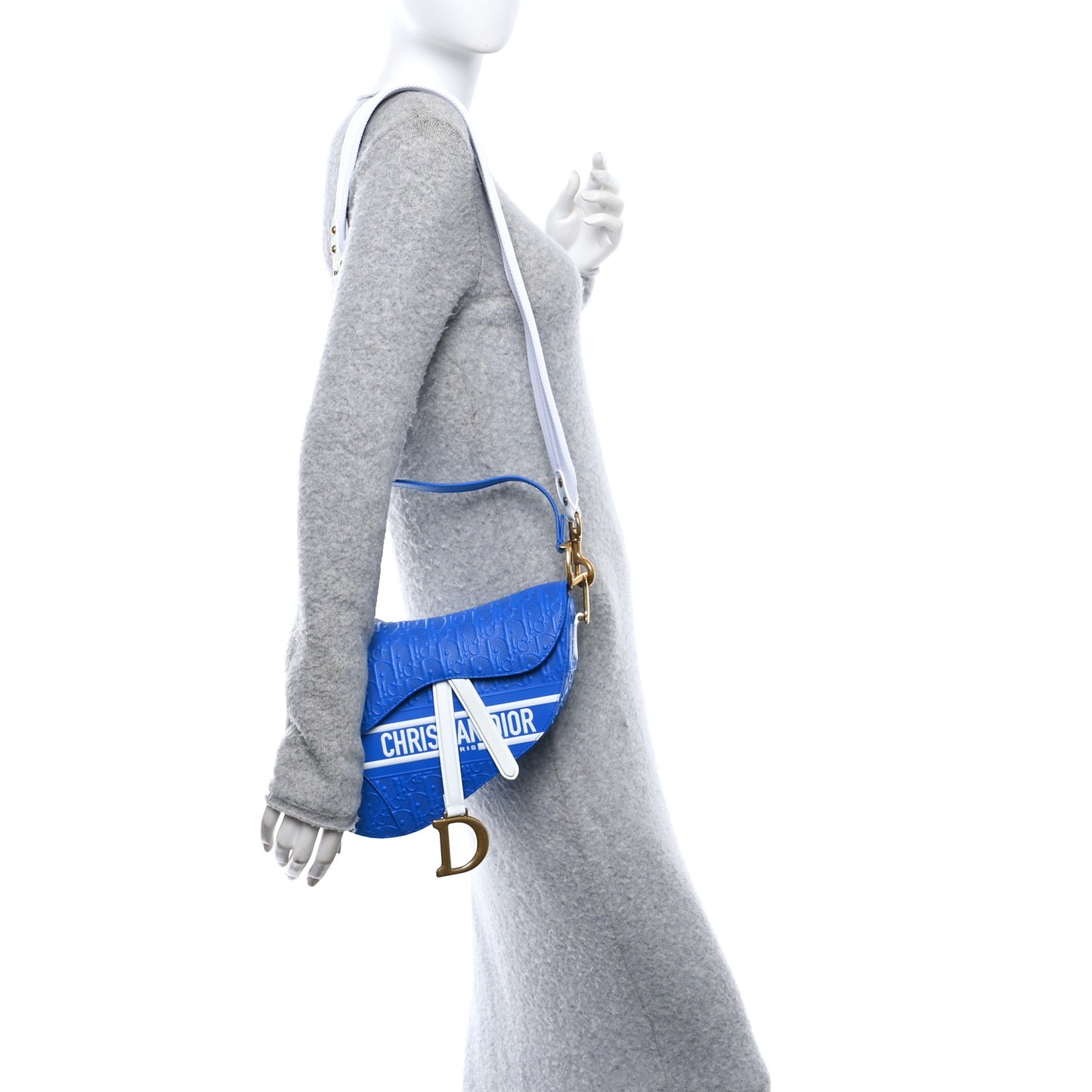 Perforated Calfskin Embossed Oblique Saddle Bag Blue White