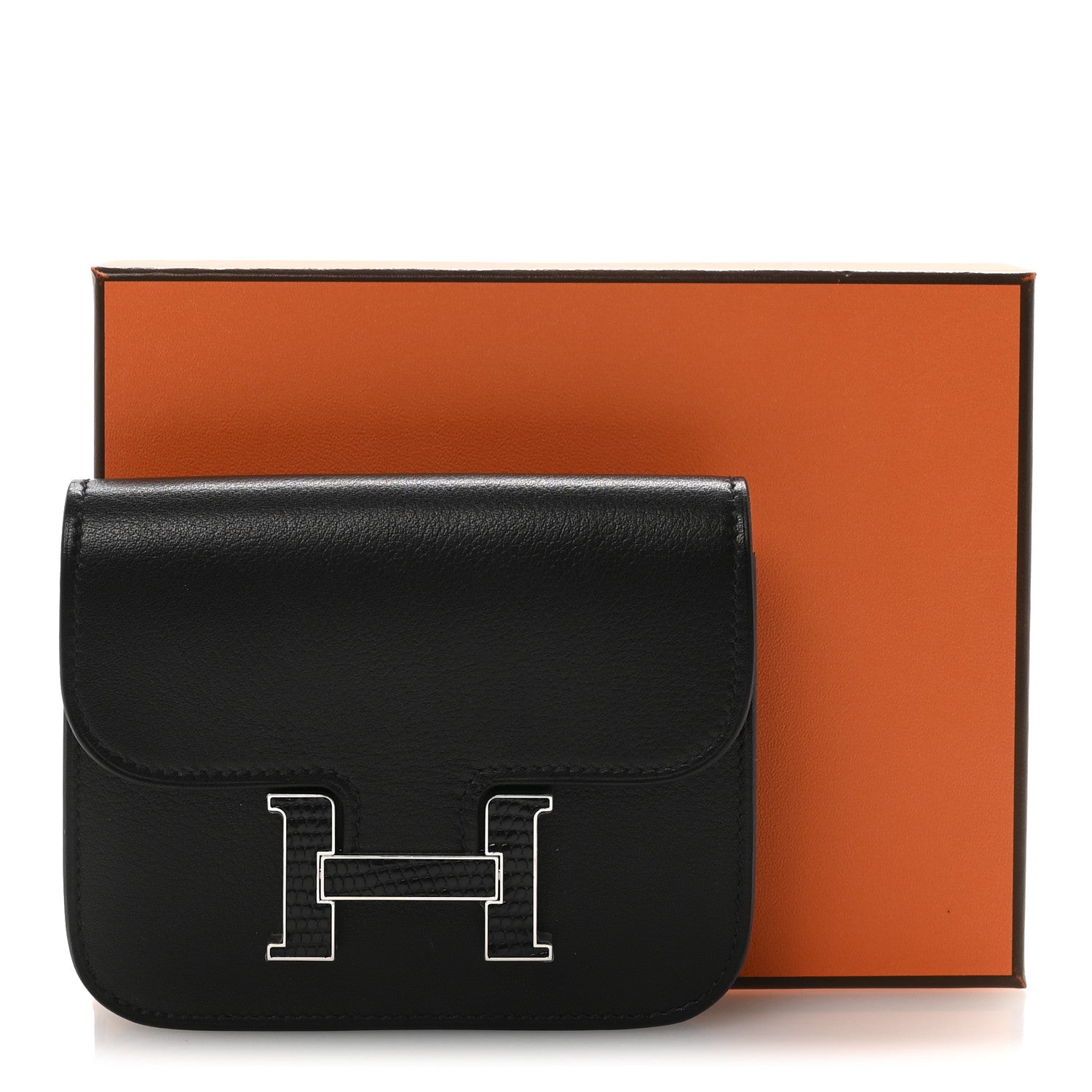 【値下げ中】HERMES ブラックレザー ケース Hermes Evergrain Lizard Constance Slim Wallet Black 1842229