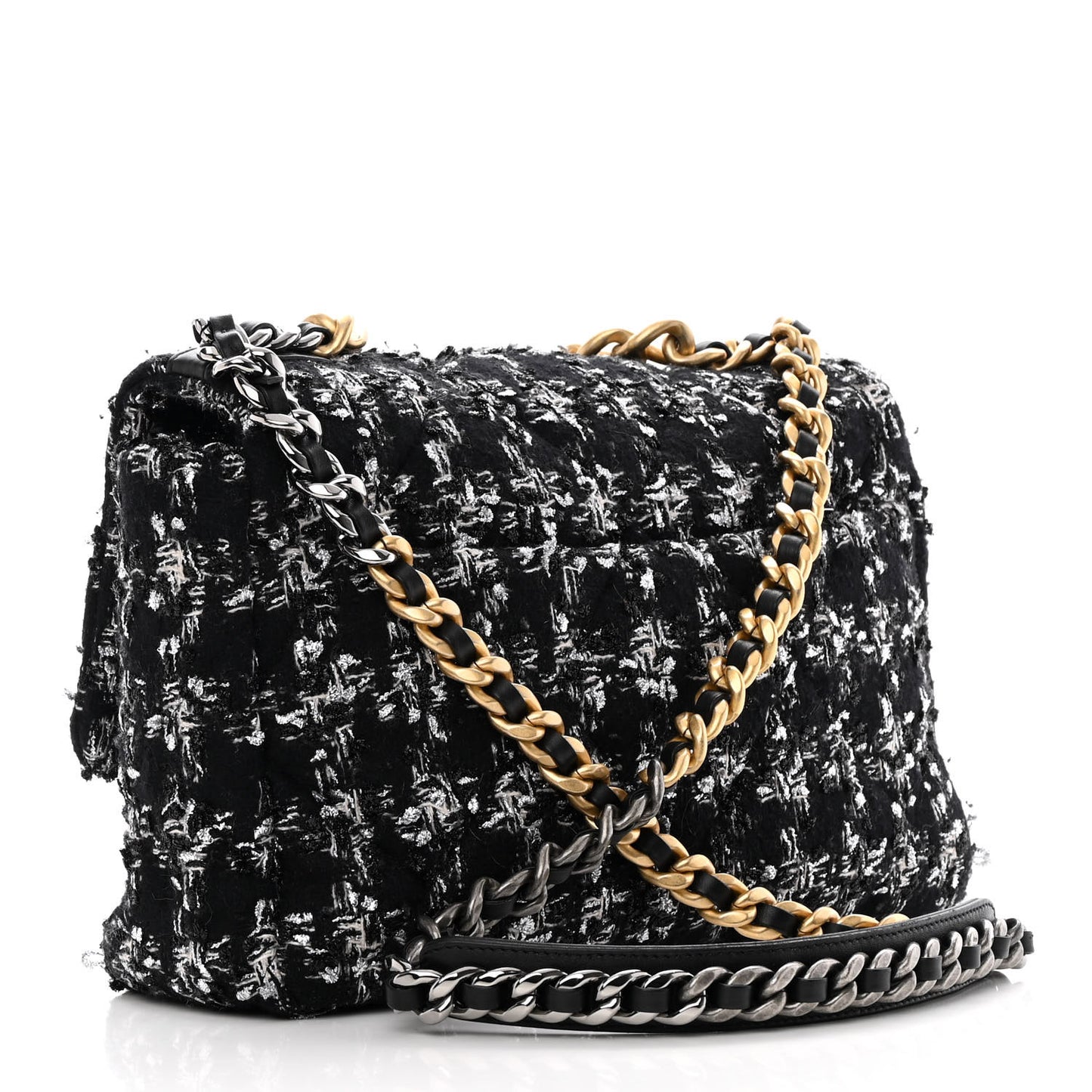 Tweed Quilted Large Chanel 19 Flap Black Silver Ecru