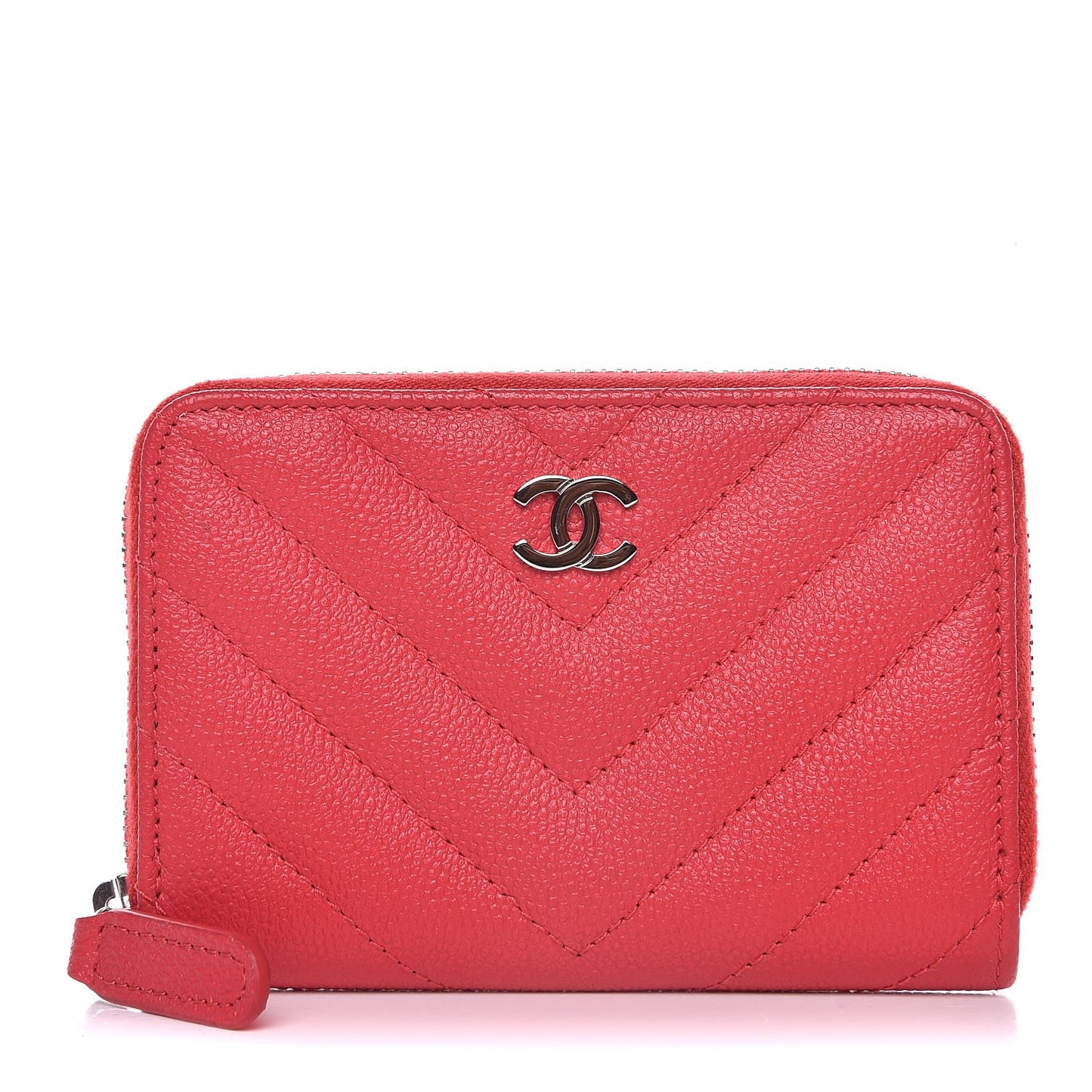Caviar Chevron Quilted Zip Coin Purse Light Red