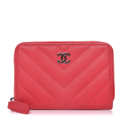 Chanel Caviar Chevron Quilted Zip Coin Purse Light Red 1 of 7