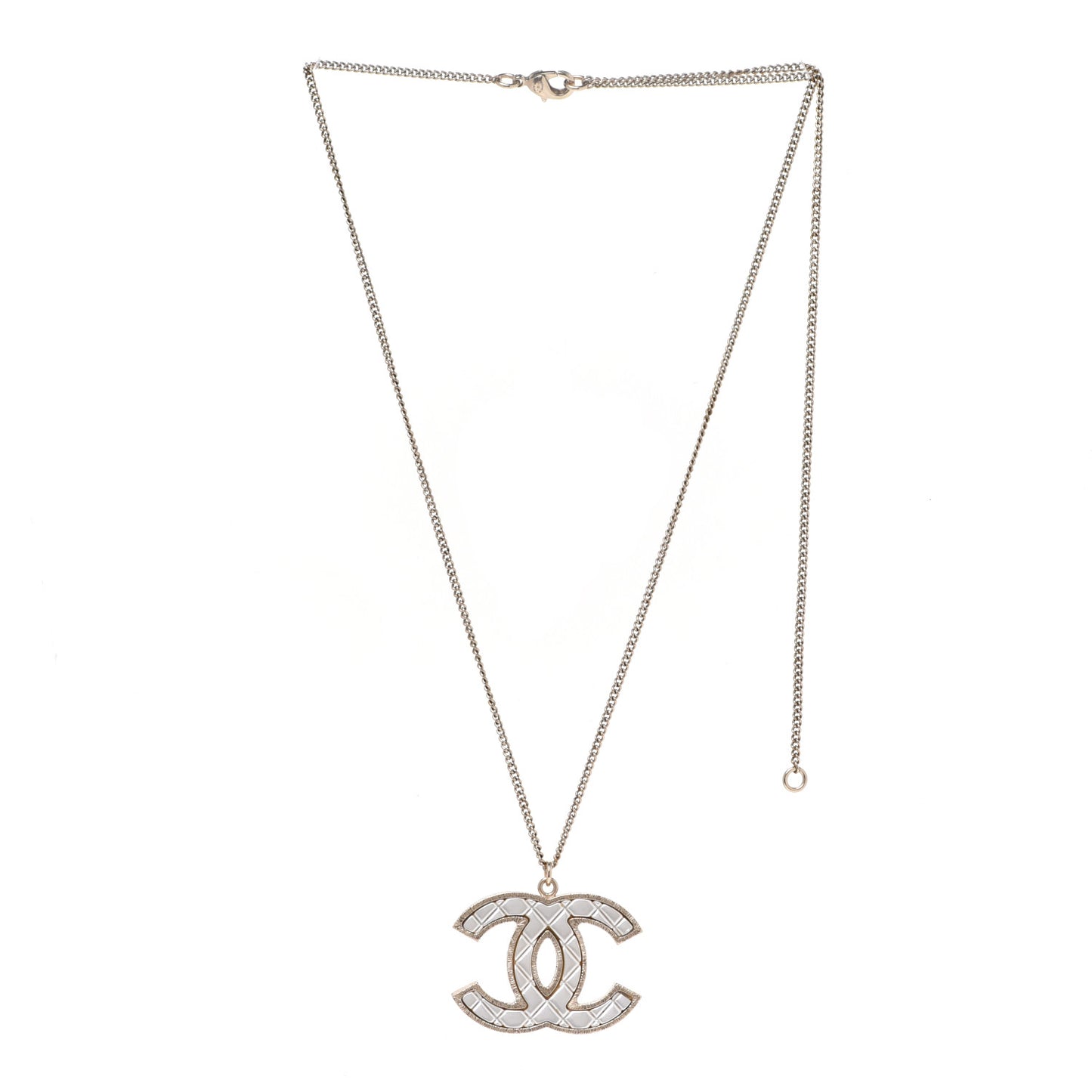 Metal Quilted CC Pendant Necklace Gold White