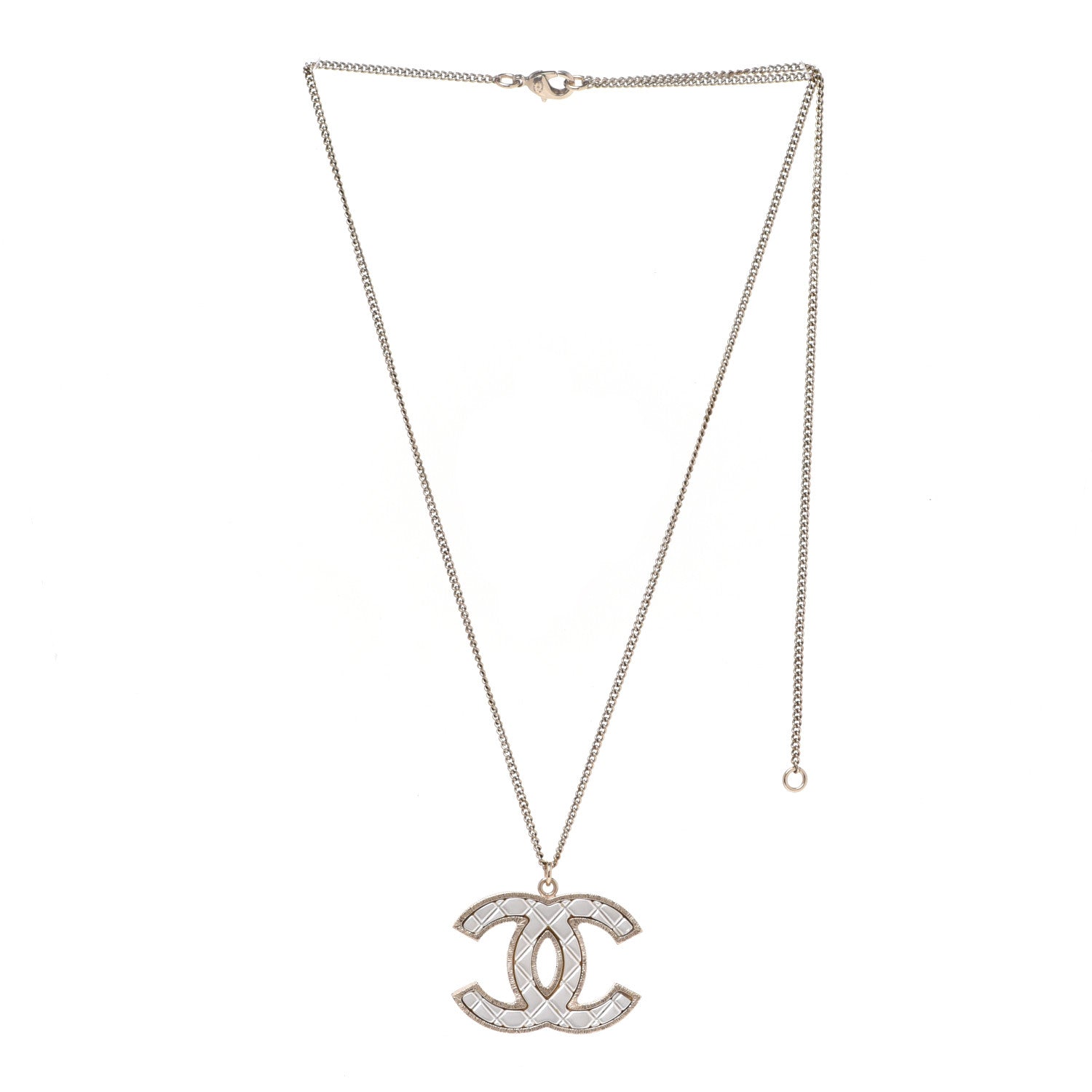 Chanel Metal Quilted CC Pendant Necklace Gold White 3 of 5