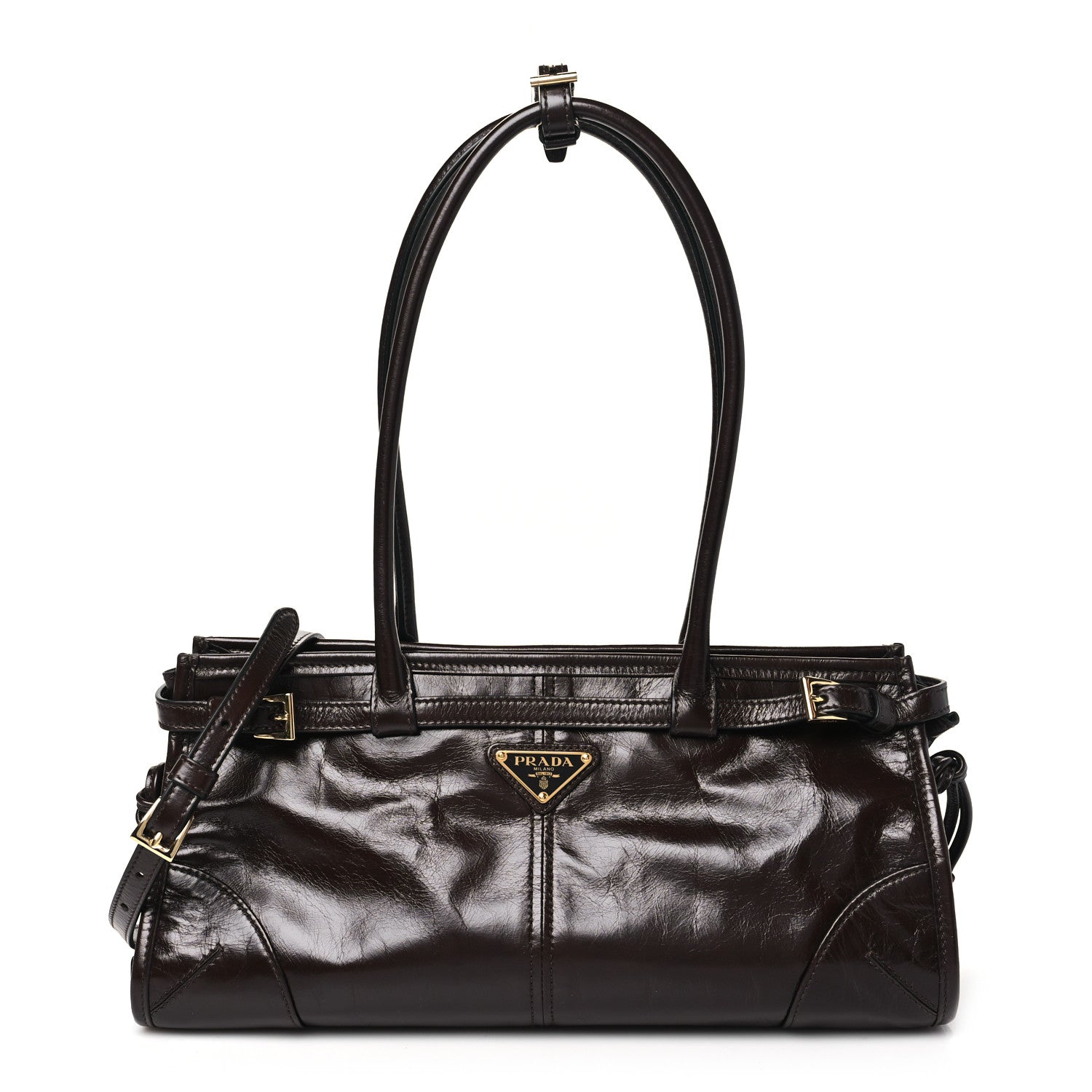 Prada Glossy Calfskin Triangle Medium Bonnie Shoulder Bag Dark Brown 1 of 11