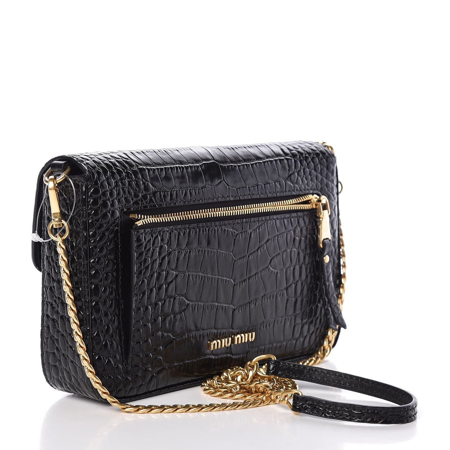 Crocodile Print Calfskin Bandoleer Bag Black