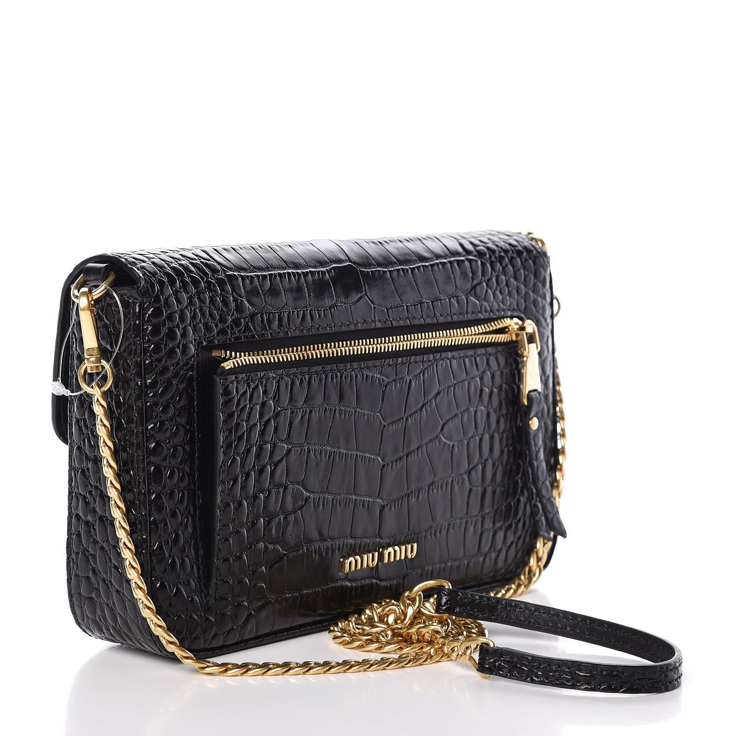 Miu Miu Crocodile Print Calfskin Bandoleer Bag Black 3 of 9