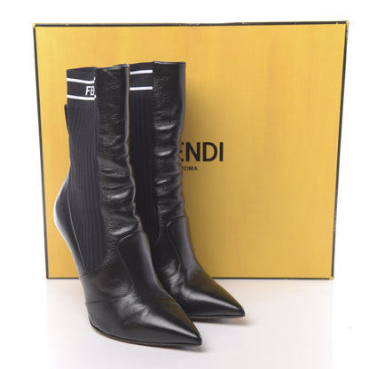 Fendi Vitello Lucido Stretch Fabric Logo Rockoko 105mm Sock Boots 37 Black White 10 of 10