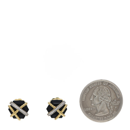 David Yurman 18K Yellow Gold Diamond Onyx 10mm Cable Wrap Earrings 2 of 6