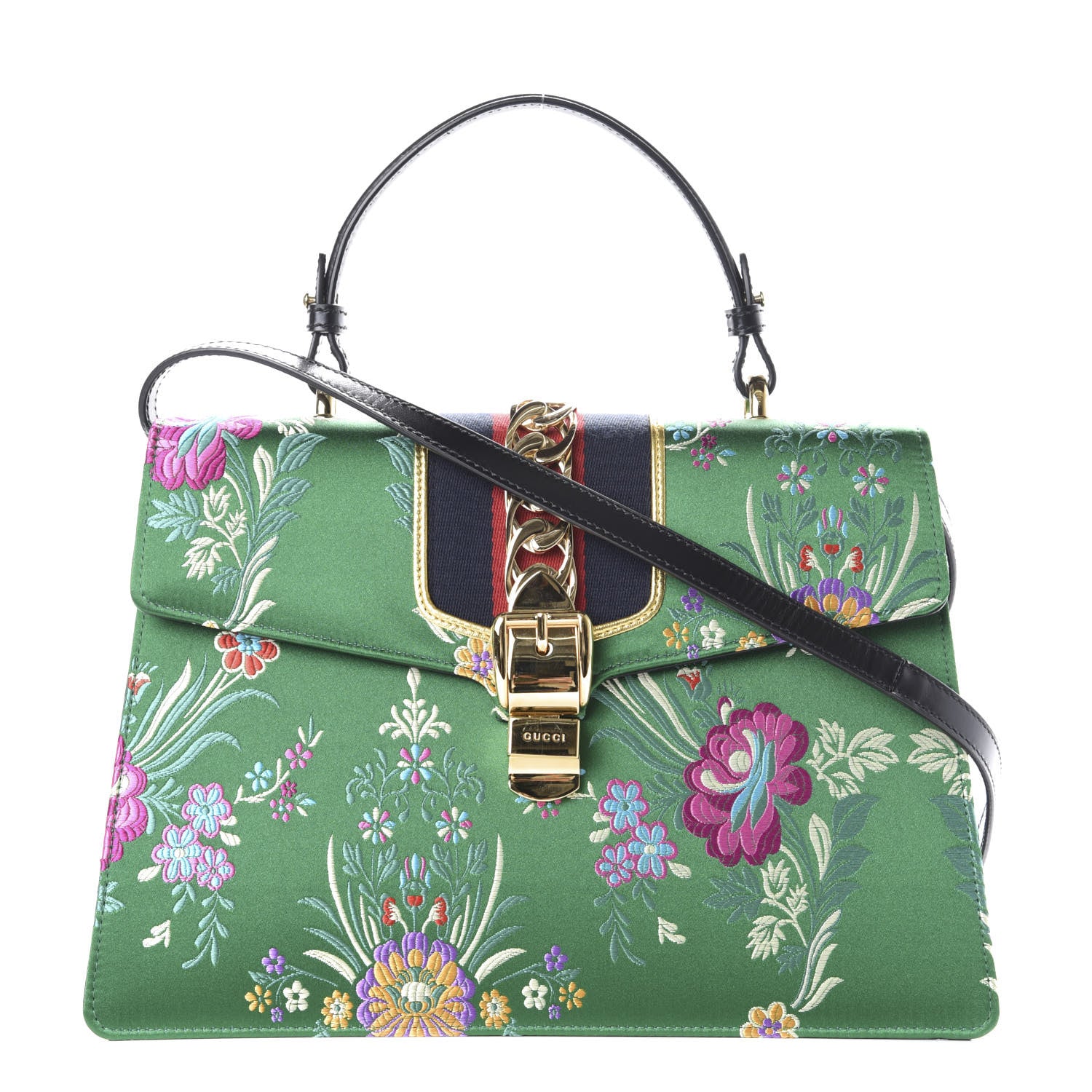 Gucci Jacquard Floral Medium Sylvie Top Handle Bag Green Multicolor Black 1 of 11