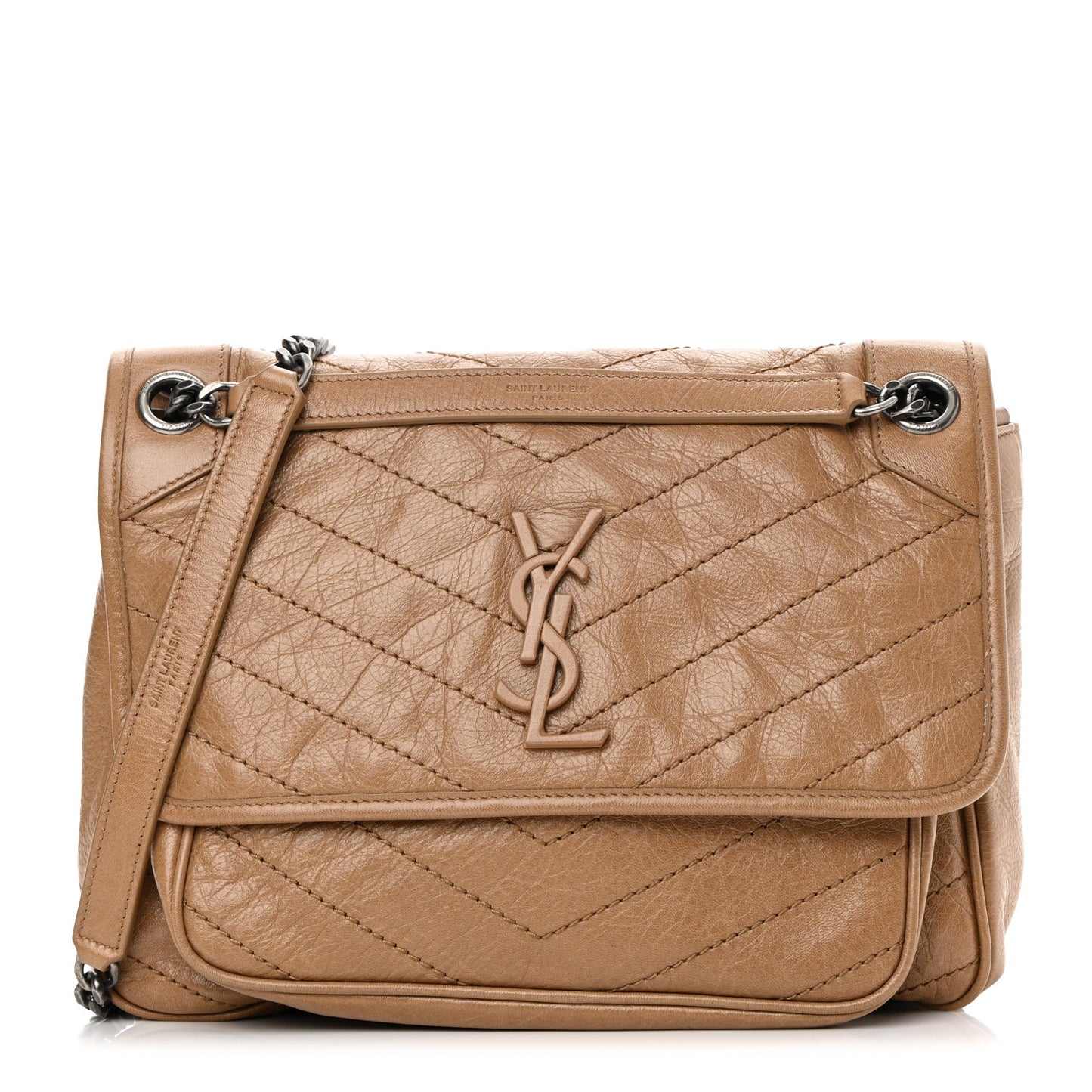 Crinkled Calfskin Matelasse Monogram Medium Niki Chain Satchel Caramel
