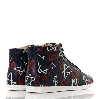 Gucci Calfskin GucciGhost Print Mens High Top Sneakers 9.5 Blue Agata Hibiscus Red 4 of 8
