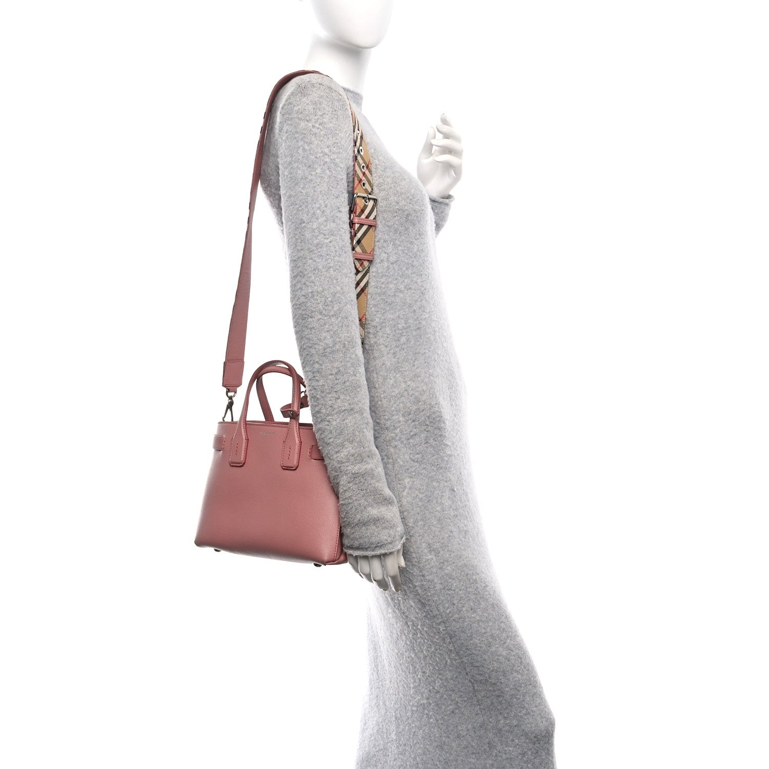 Burberry Grainy Calfskin House Check Small Banner Tote Dusty Rose 2 of 14