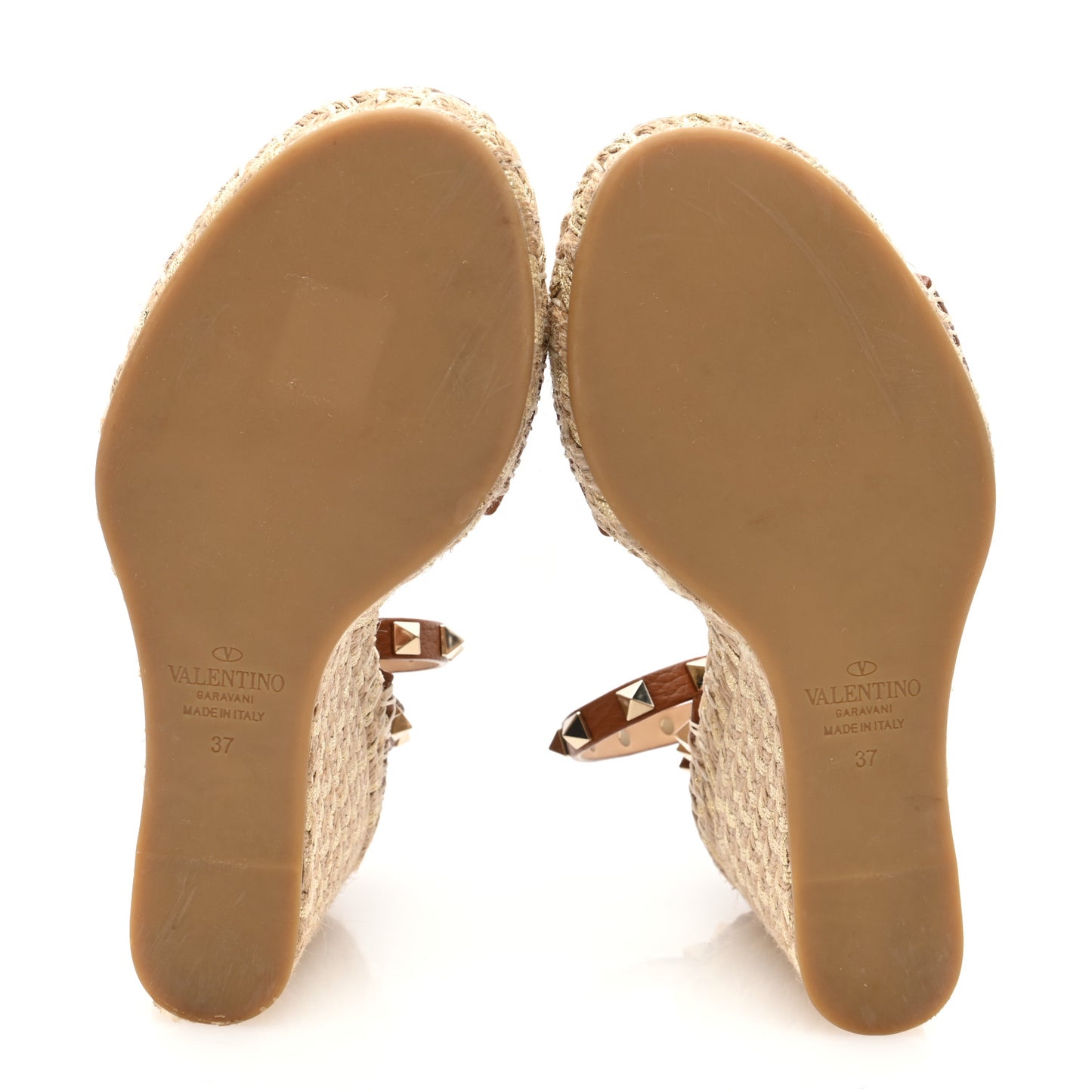 Grained Calfskin Rockstud Ankle Strap Espadrille 15/105mm Wedge Sandals 37 Cuoio Natural