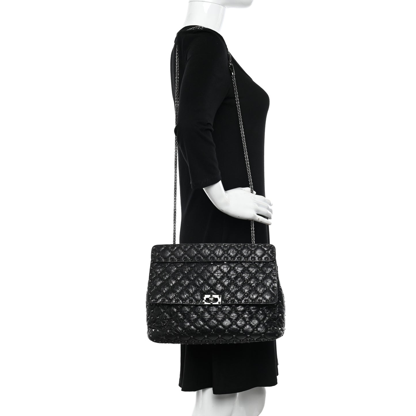 Craquele Nappa Large Rockstud Spike Shoulder Bag Black