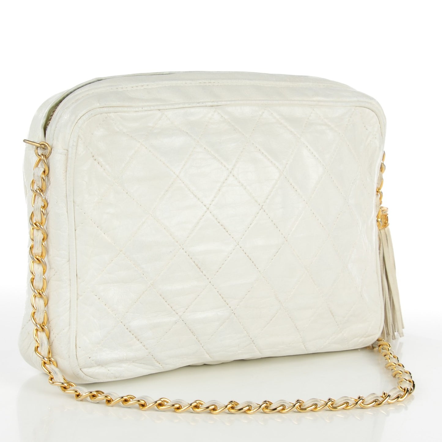 Lambskin Quilted Tassel Camera Case White