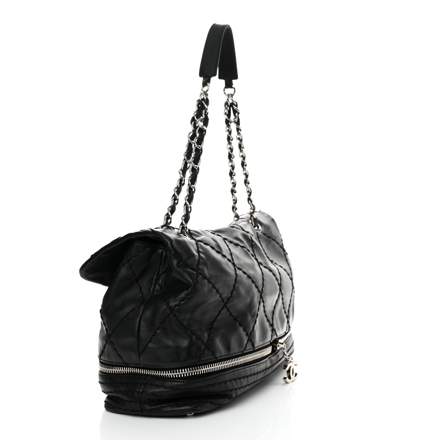 Calfskin Stitched Large Expandable Flap Bag Black