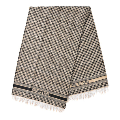 Christian Dior Wool Silk Houndstooth Fringe Scarf Beige Black 2 of 4