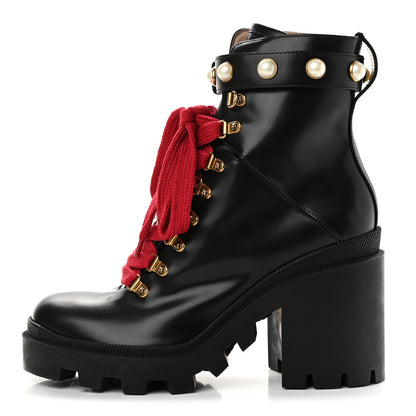 Gucci Magnum Calfskin Pearl Lace Up Combat Ankle Boots 39 Black 1 of 8