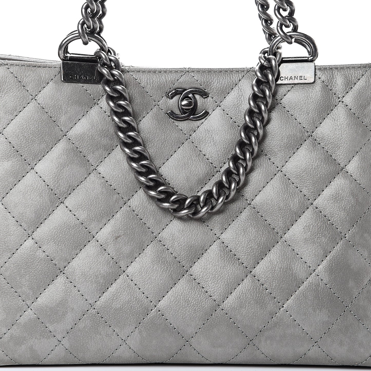 Metallic Calfskin Quilted Small Shopping In Chains Tote Silver