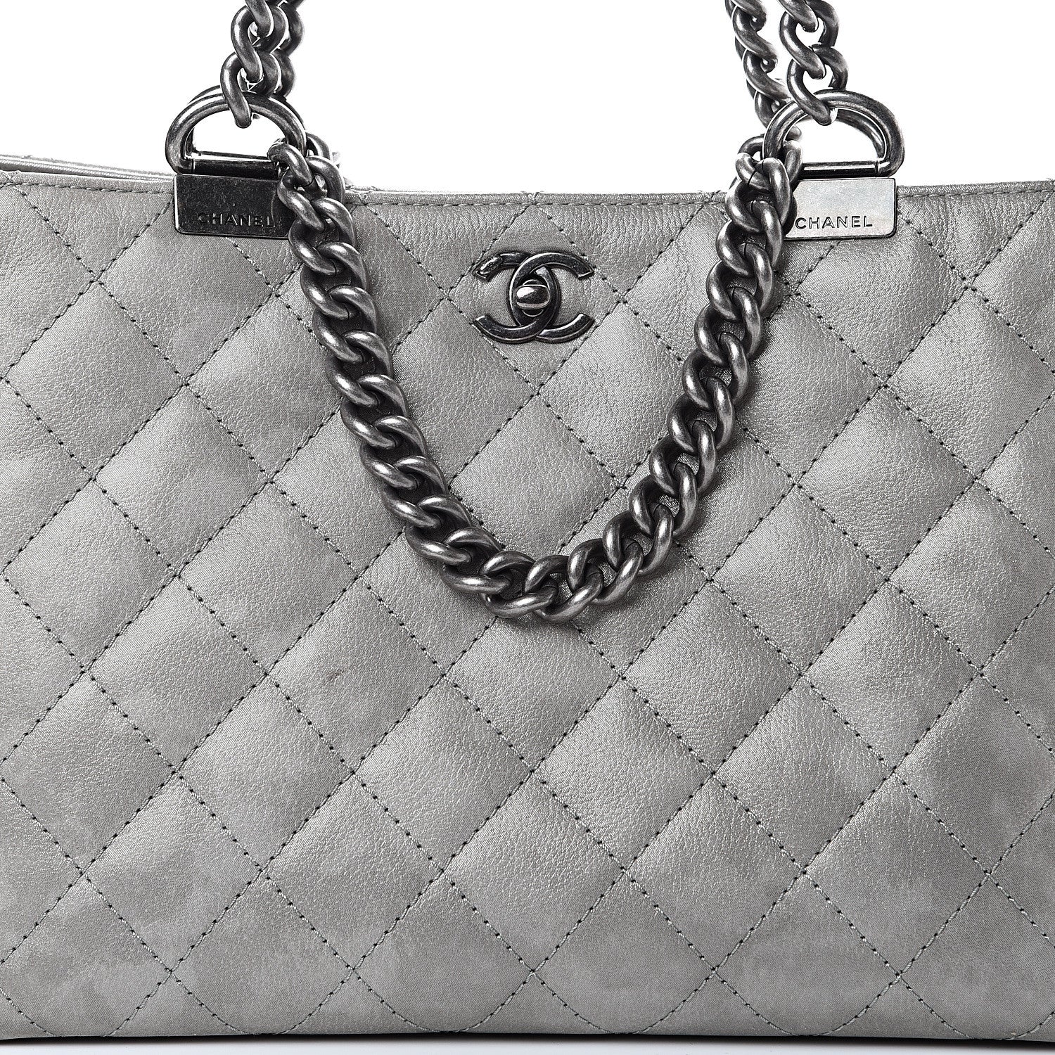 Chanel Metallic Calfskin Quilted Small Shopping In Chains Tote Silver 7 of 9
