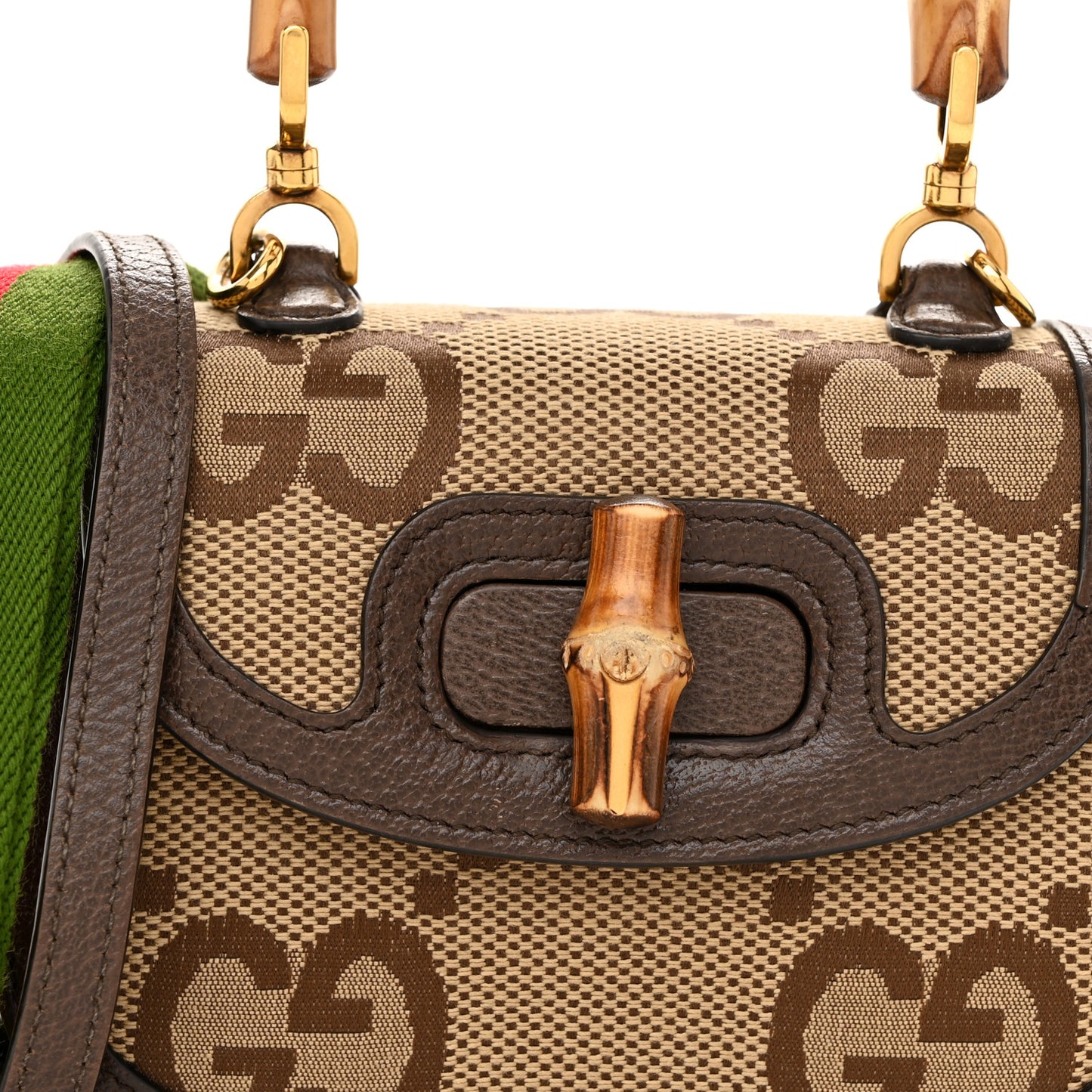 Monogram Jumbo GG Textured Dollar Calfskin Web Mini Bamboo 1947 Top Handle Bag Camel Ebony New Acero