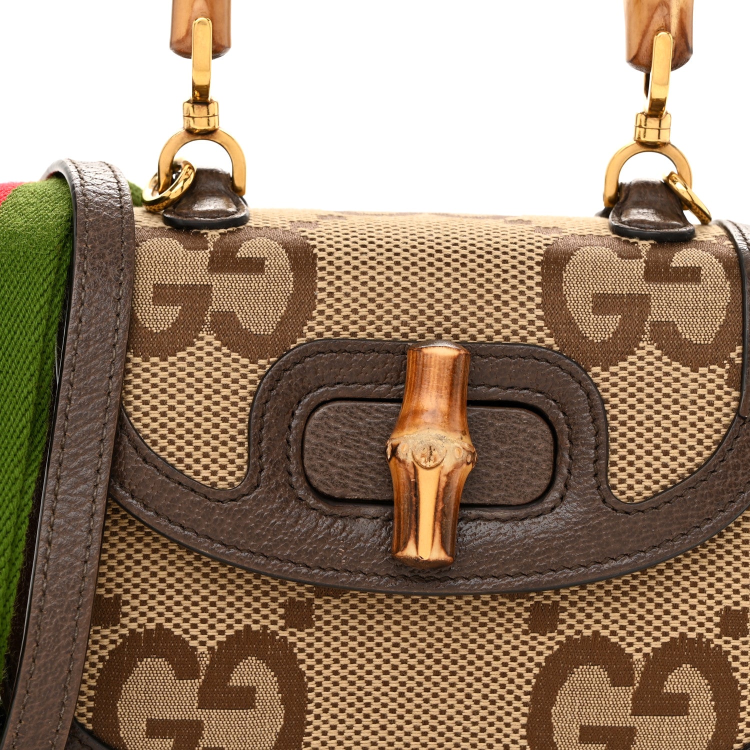 Gucci Monogram Jumbo GG Textured Dollar Calfskin Web Mini Bamboo 1947 Top Handle Bag Camel Ebony New Acero 8 of 11