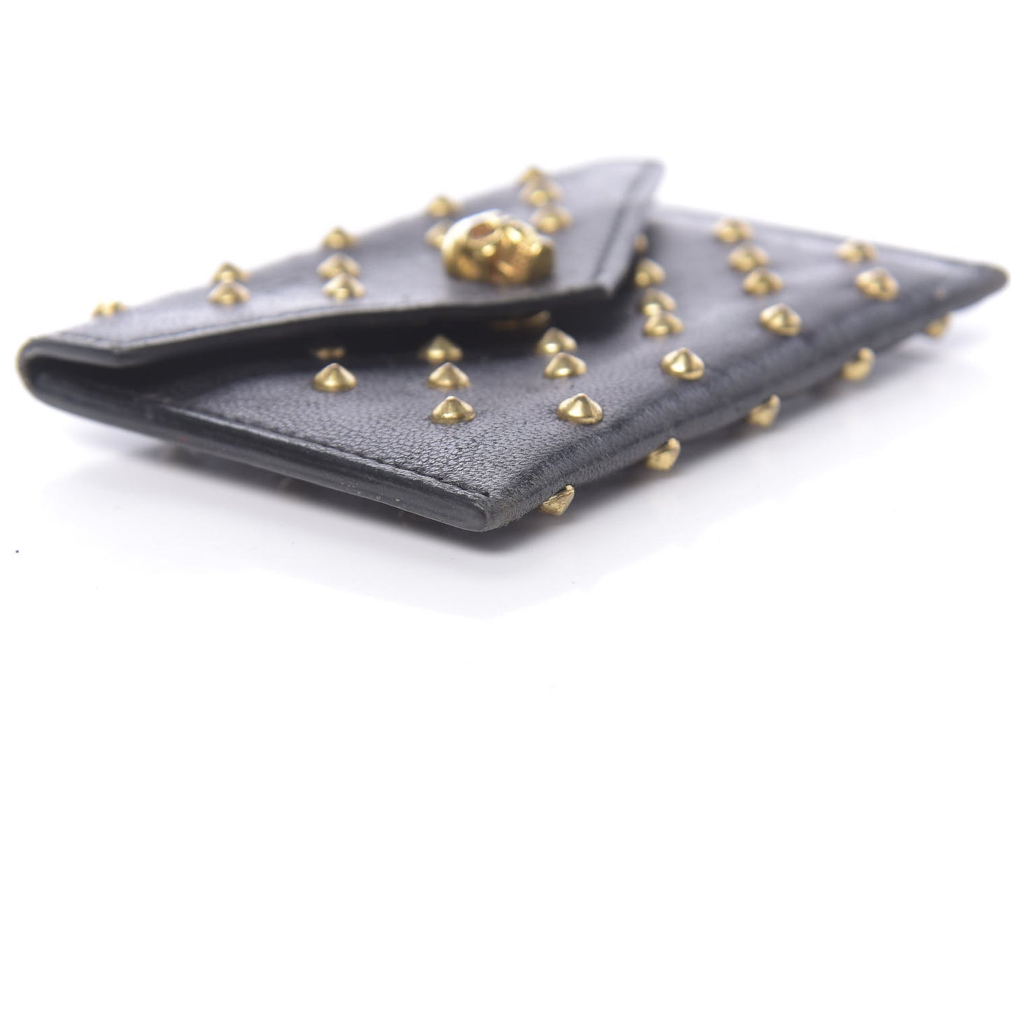 Calfskin Studded Skull Envelope Card Holder Black