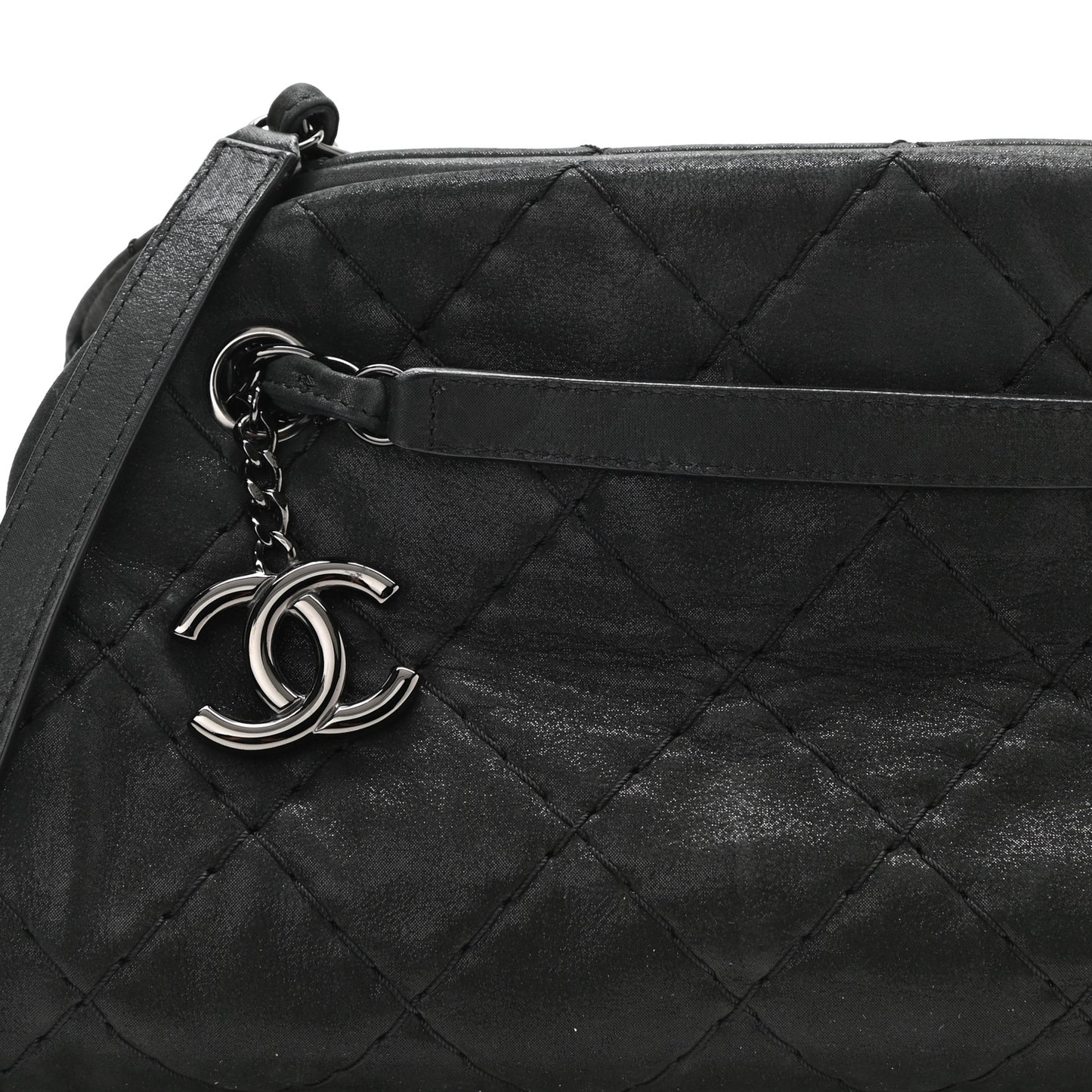 Iridescent Calfskin Stitched Just Mademoiselle Bowling Bag Black