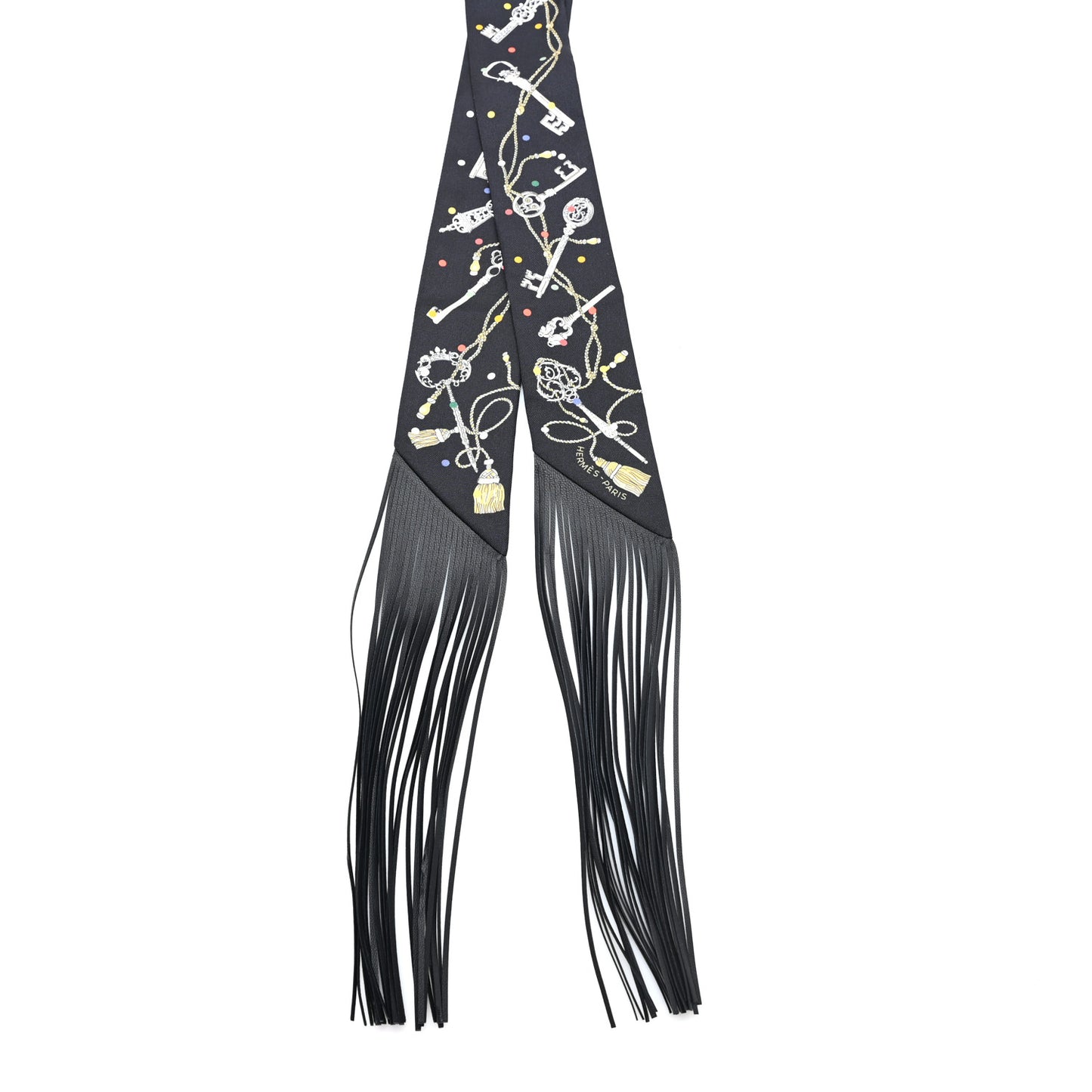 Silk Calfskin Les Cles A Pois Fringed Twilly Black Mordoré Blanc