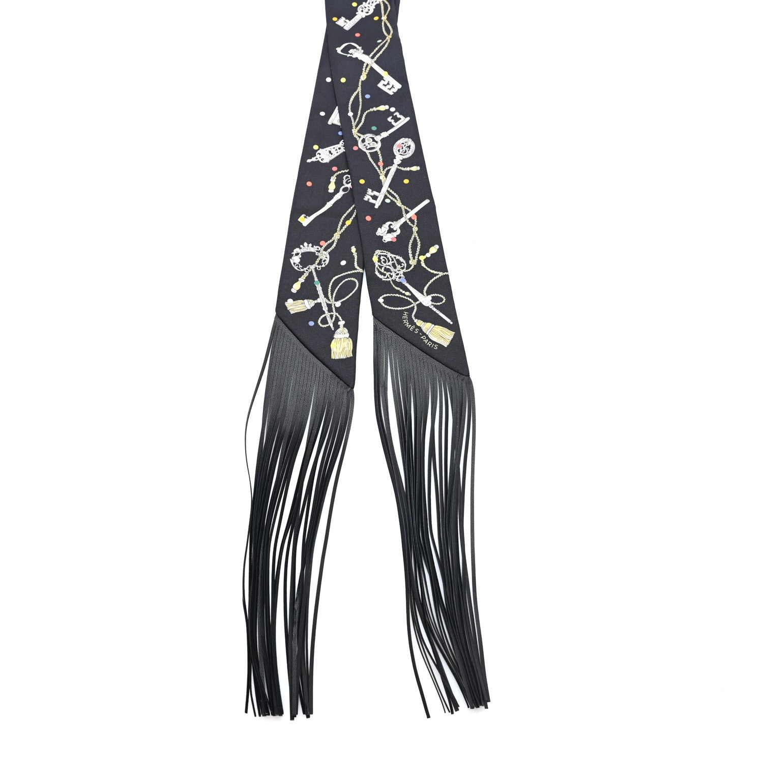 Hermes Silk Calfskin Les Cles A Pois Fringed Twilly Black Mordoré Blanc 2 of 3