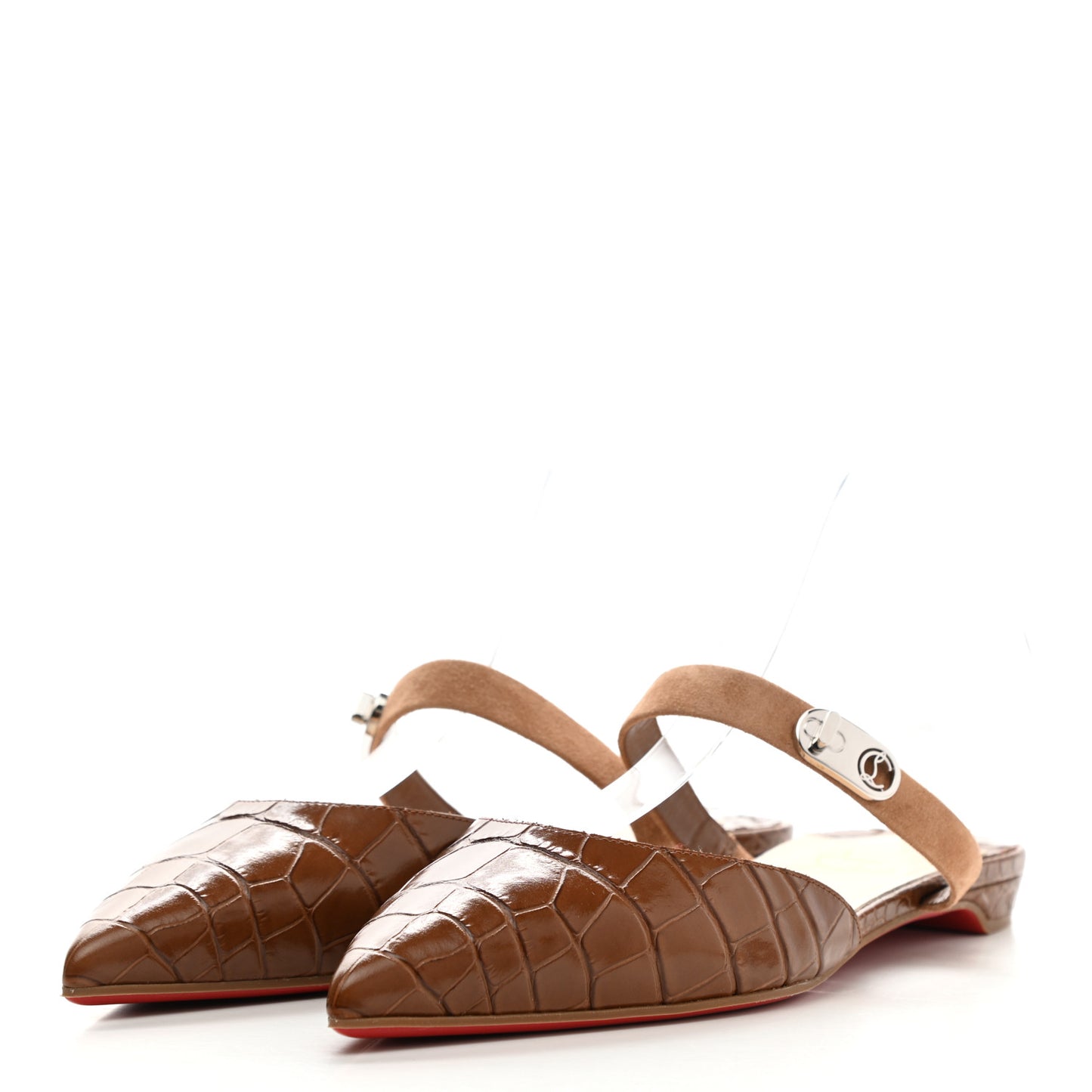Calfskin Crocodile Embossed Choc Lock Flats 38 Biscotto